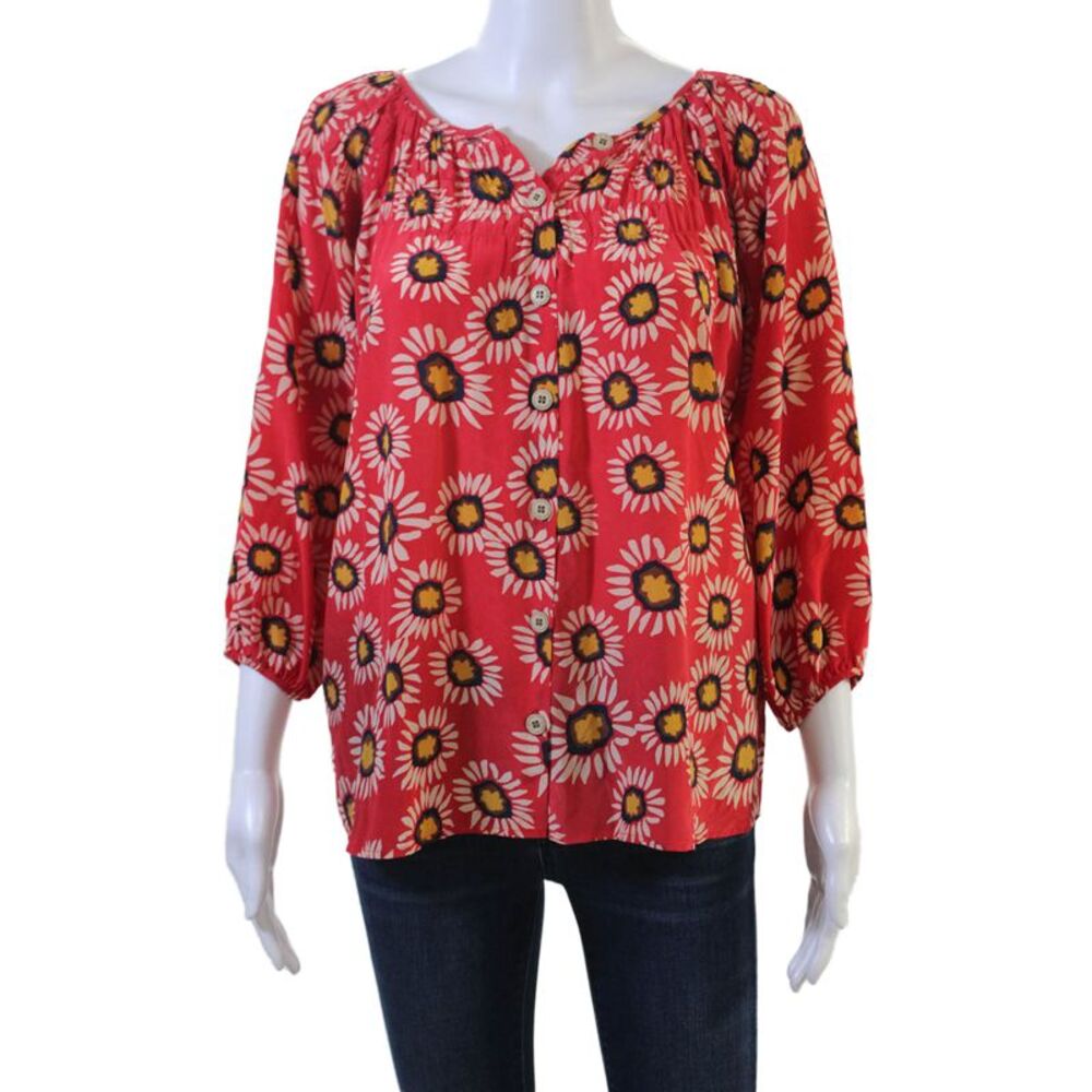 Tucker Women Tunic Red Floral Silk Button 3/4 Sleeve Size S
